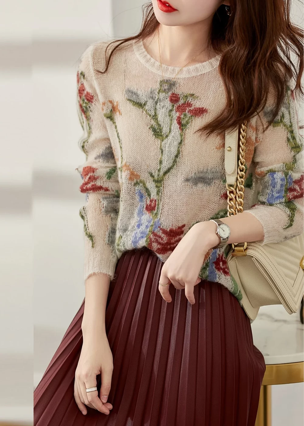 French O-Neck Floral Hollow Out Knit Sweaters Spring - Image 3