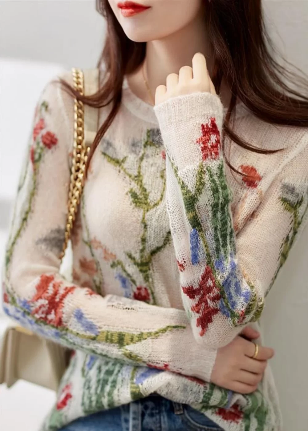 French O-Neck Floral Hollow Out Knit Sweaters Spring - Image 4